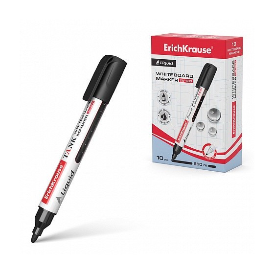 MARCADOR PIZARRA BLANCA CON TINTA LÍQUIDA LIQUID LW-600, TINTA COLOR NEGRO ERICH KRAUSE 48774 (x10 unidades)