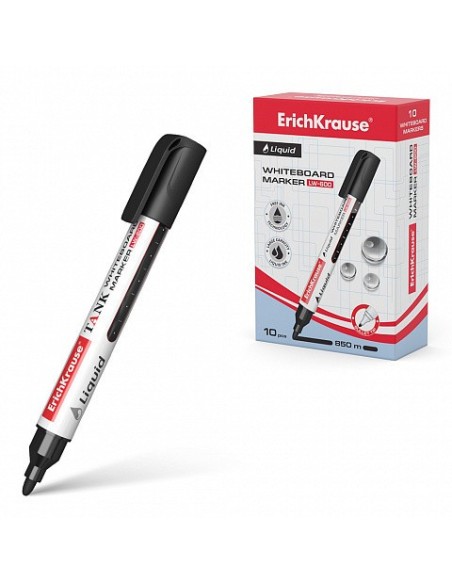 MARCADOR PIZARRA BLANCA CON TINTA LÍQUIDA LIQUID LW-600, TINTA COLOR NEGRO ERICH KRAUSE 48774 (x10 unidades)