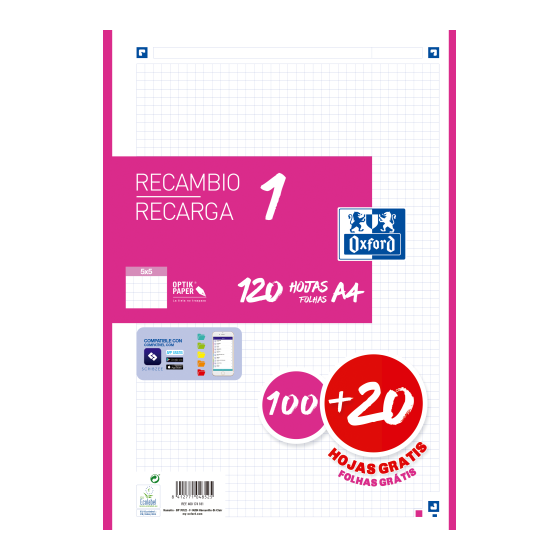 RECAMBIO COLOR 1 A4  100+20 HOJAS 5X5 FUCSIA 90GRS OXFORD 400174181