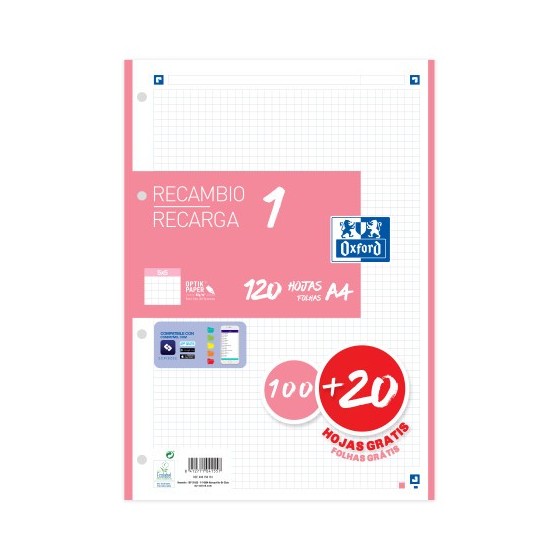 RECAMBIO COLOR 1 A4  100+20 HOJAS 5X5 ROSA CHICLE 90GRS OXFORD 400158161
