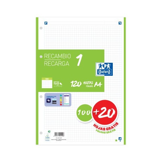 RECAMBIO COLOR 1 A4  100+20 HOJAS 5X5 VERDE 90GRS OXFORD 400158059