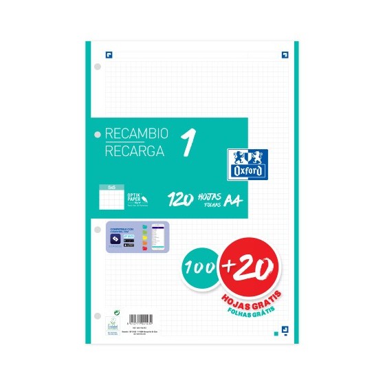 RECAMBIO COLOR 1 A4  100+20 HOJAS 5X5 ICE MINT 90GRS OXFORD 400158057