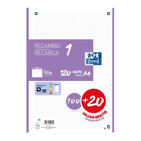 RECAMBIO COLOR 1 A4 100+20 HOJAS 5X5 LILA 90GRS OXFORD 400158164