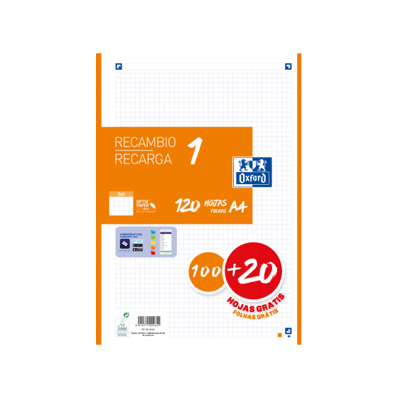RECAMBIO COLOR 1 A4 100+20 HOJAS 5X5 NARANJA 90GRS OXFORD 400158163