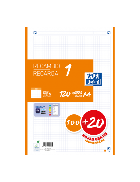 RECAMBIO COLOR 1 A4 100+20 HOJAS 5X5 NARANJA 90GRS OXFORD 400158163