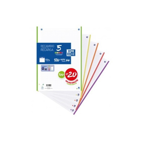 RECAMBIO A4 100+20 HOJAS 90GRS 5X5 BANDA 5 COLORES VIVOS OXFORD 400148310