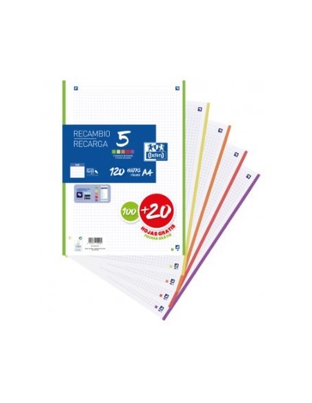 RECAMBIO A4 100+20 HOJAS 90GRS 5X5 BANDA 5 COLORES VIVOS OXFORD 400148310