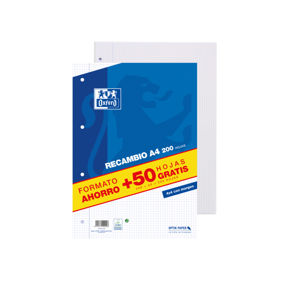 RECAMBIO A4 200+50 HOJAS 90GRS 4X4 MARGEN AZUL OXFORD 400119437