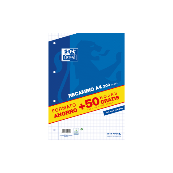 RECAMBIO A4 200+50 HOJAS 90GRS 4X4 MARGEN AZUL OXFORD 400119437