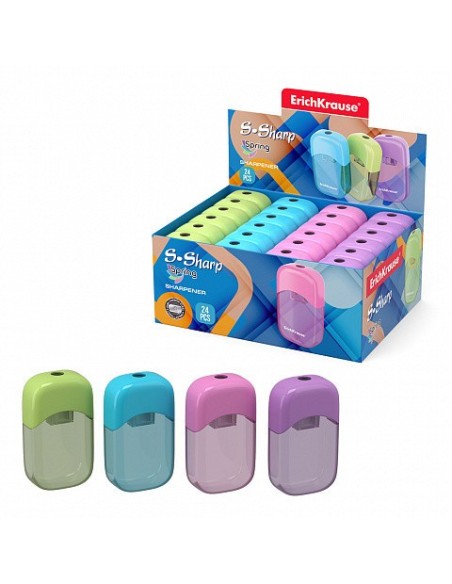 SACAPUNTAS DE PLÁSTICO S-SHARP CON DEPÓSITO, COLOR: SURTIDO ERICH KRAUSE 56035 (x24 unidades)