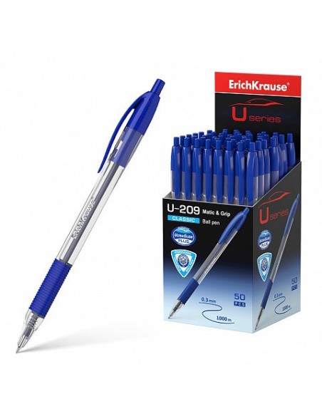 BOLÍGRAFO DE BOLA AUTOMÁTICO U-209 CLASSIC MATIC&GRIP, TECNOLOGÍA ULTRA GLIDE, COLOR TINTA AZUL ERICH KRAUSE 47578 (x50 unidades)