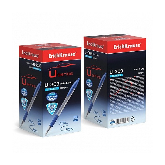 BOLÍGRAFO DE BOLA AUTOMÁTICO U-209 CLASSIC MATIC&GRIP, TECNOLOGÍA ULTRA GLIDE, COLOR TINTA AZUL ERICH KRAUSE 47578 (x50 unidades)