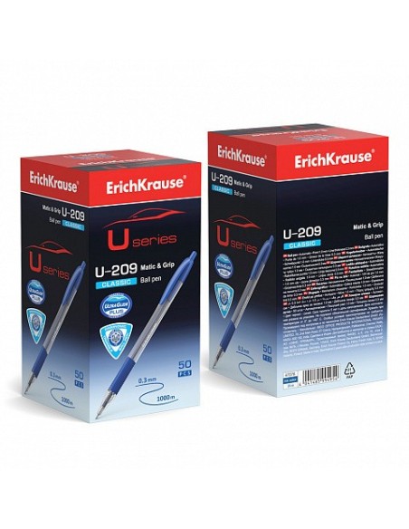 BOLÍGRAFO DE BOLA AUTOMÁTICO U-209 CLASSIC MATIC&GRIP, TECNOLOGÍA ULTRA GLIDE, COLOR TINTA AZUL ERICH KRAUSE 47578 (x50 unidades)
