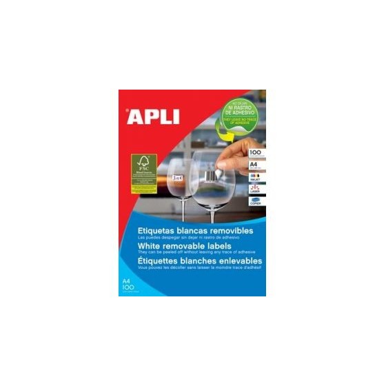 CAJA 100 HOJAS ETIQUETAS BLANCAS REMOVIBLES 64,6 X 33,8 MM APLI 3056
