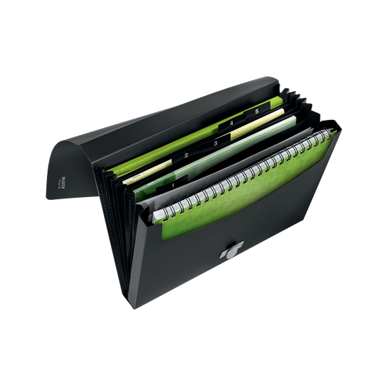 CARPETA POLIPROPILENO ACORDEON 5 POSICIONES+BOLSILLO FRONTAL BROCHE GIRATORIO A4 RECYCLE NEGRO LEITZ 46240095