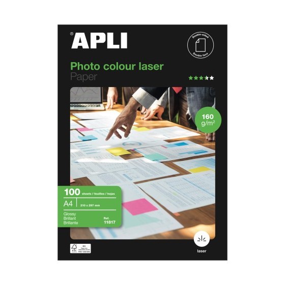 PAQUETE 100 HOJAS PAPEL FOTO COLOUR LASER A4 160G. APLI 11817