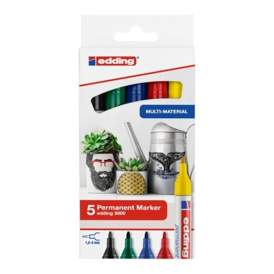 Edding 3000 marcador permanente Punta redonda Negro, Azul, Verde, Rojo, Amarillo 5 pieza(s)