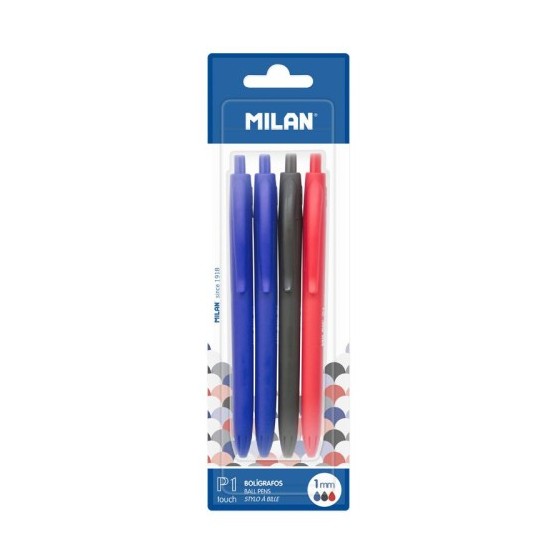 Milan BWM10254 Negro, Azul, Rojo Bolígrafo de punta retráctil con pulsador 4 pieza(s)