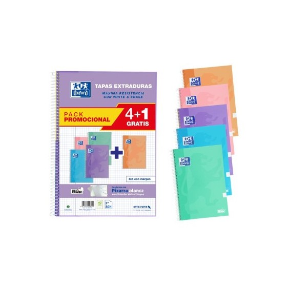 PACK 4+1 CUADERNOS CLASSIC WRITE&ERASE Fº T.EXTRADURA 80H 4X4 COLORES PASTEL OXFORD 400159802