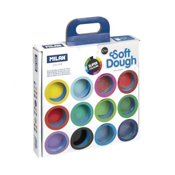 MALETÍN 16 BOTES PASTA BLANDA SOFT DOUGH DE 30GR COLORES SURTIDOS (INCLUYE NEÓN Y GLITTER) MILAN 913316SC