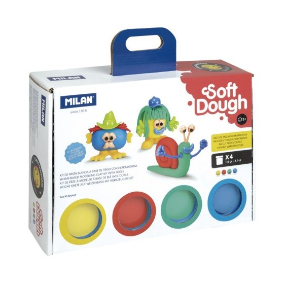 MALETÍN 4 BOTES PASTA BLANDA SOFT DOUGH DE 116GR + HERRAMIENTAS "CARAS DIVERTIDAS" MILAN 913304HF
