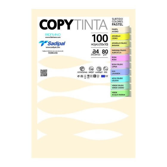 PAQUETE 100 HOJAS A4 80G COLORES SURTIDOS PASTEL (10 HOJAS x COLOR) FABRIANO 11302