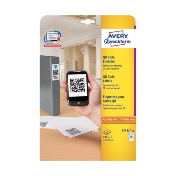 Avery L7121-25 etiqueta autoadhesiva Plaza Permanente Blanco 500 pieza(s)