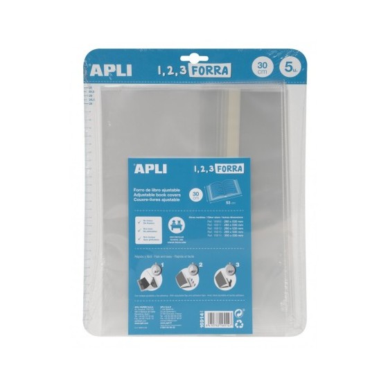BLÍSTER 5 UDS. FORRO DE LIBROS CON SOLAPA AJUSTABLE PP 300 MM APLI 16914