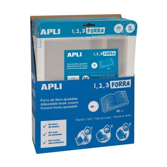 BLÍSTER 5 UDS. FORRO DE LIBROS CON SOLAPA AJUSTABLE PP 300 MM APLI 16914