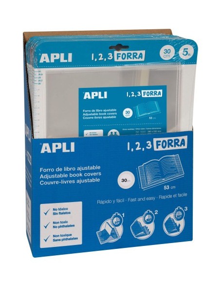 BLÍSTER 5 UDS. FORRO DE LIBROS CON SOLAPA AJUSTABLE PP 300 MM APLI 16914