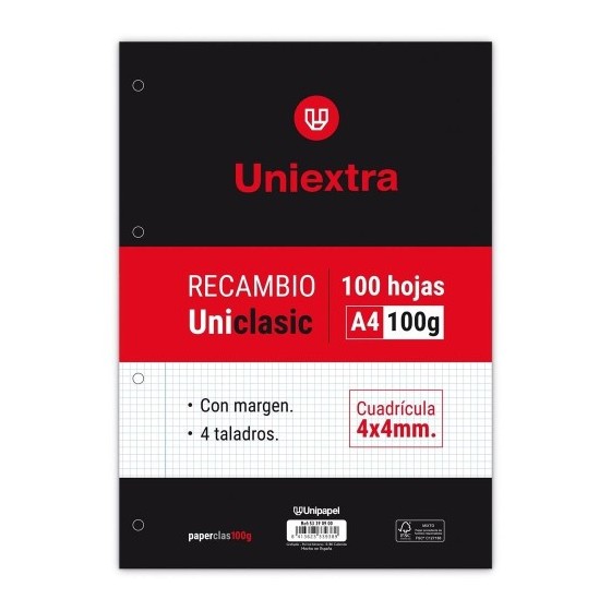 RECAMBIO UNIEXTRA A4 UNICLASIC 100 HOJAS 100G 4X4 C/M PAPYRUS 53390900