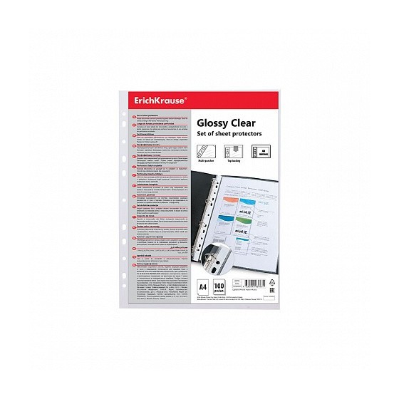 SET DE 100 FUNDAS MULTITALADRAS GLOSSY CLEAR, 60 MCM, A4, TRANSPARENTE ERICH KRAUSE 46703