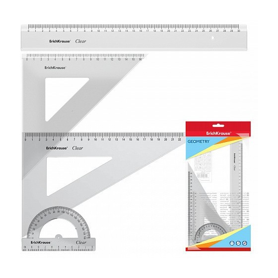 SET DE GEOMETRÍA GRANDE (REGLA 30 CM, ESCUADRA 16 CM/45º, ESCUADRA 22 CM/60º, TRANSPORTADOR 180º/10CM) ERICH KRAUSE 49573