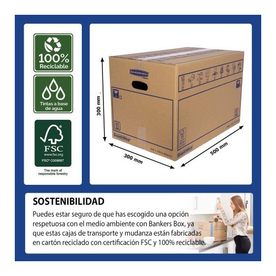 CAJA DE MUDANZA MONTAJE MANUAL L 500X300X300. CARTÓN DOBLE BANKERS BOX 6208201 (x10 unidades)