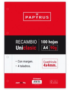 RECAMBIO PAQUETE 100 HOJAS A4 UNICLASIC 90 GR. 4X4 CON MARGEN PAPYRUS 53391000