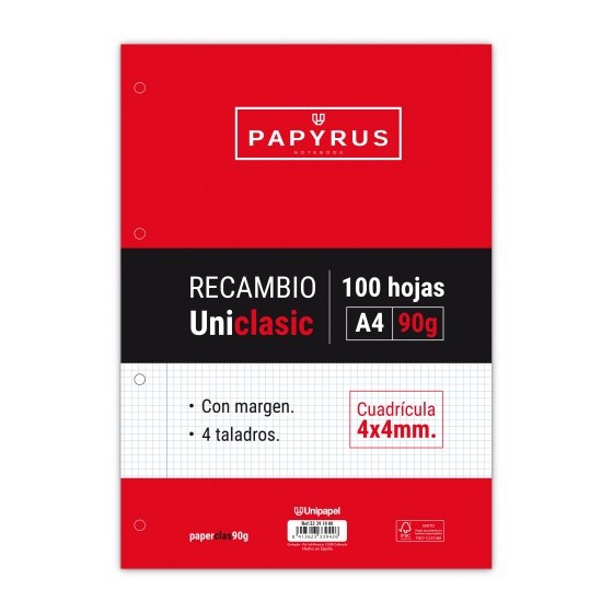 RECAMBIO PAQUETE 100 HOJAS A4 UNICLASIC 90 GR. 4X4 CON MARGEN PAPYRUS 53391000