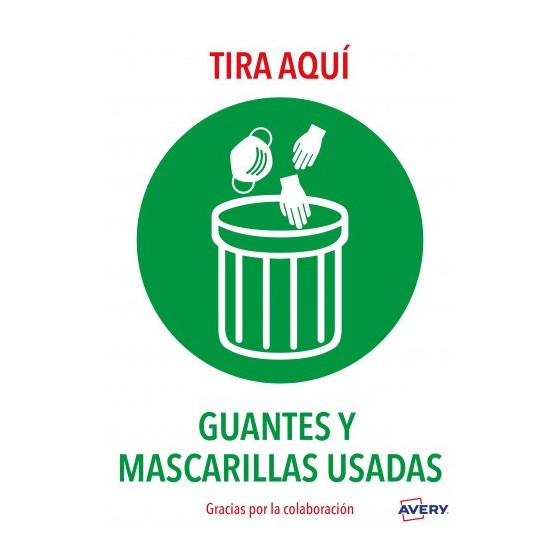 SEÑALES ADHESIVOS PREIMPRESO  "TIRA AQUÍ GUANTES Y MASCARILLAS USADAS" SOBRE DE 2 HOJAS EN A4 AVERY AV_KITCOVID7_ES