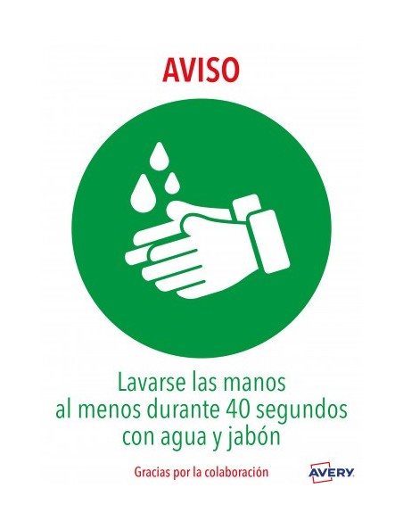 SEÑALES ADHESIVOS PREIMPRESO  "LAVARSE LAS MANOS" SOBRE DE 2 HOJAS EN A4 AVERY AV_KITCOVID1_ES