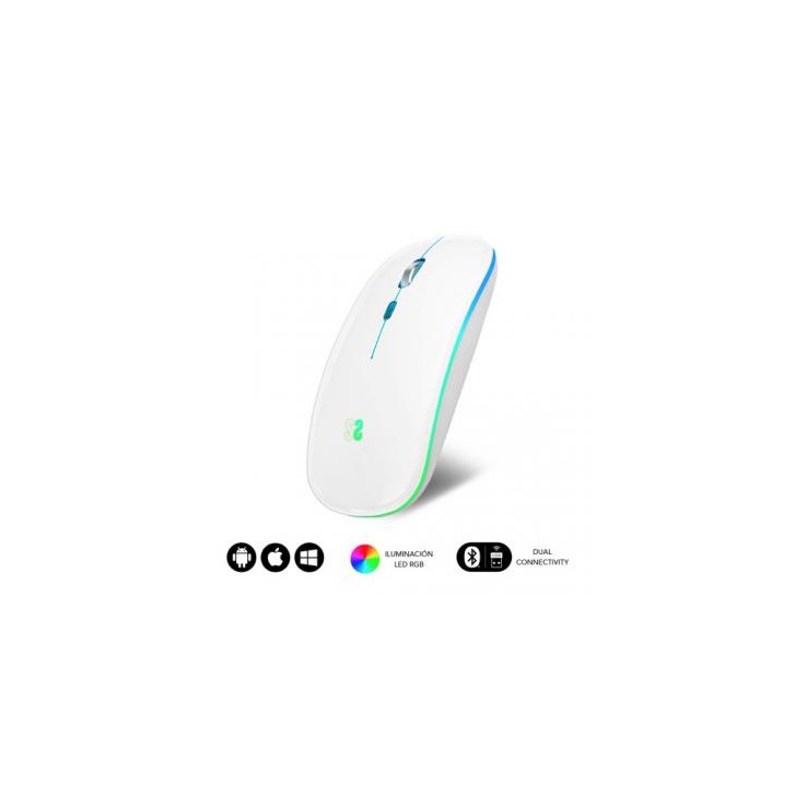 RATÓN ÓPTICO INALÁMBRICO 2.4G Y BT RGB LED DUAL FLAT MOUSE WHITE