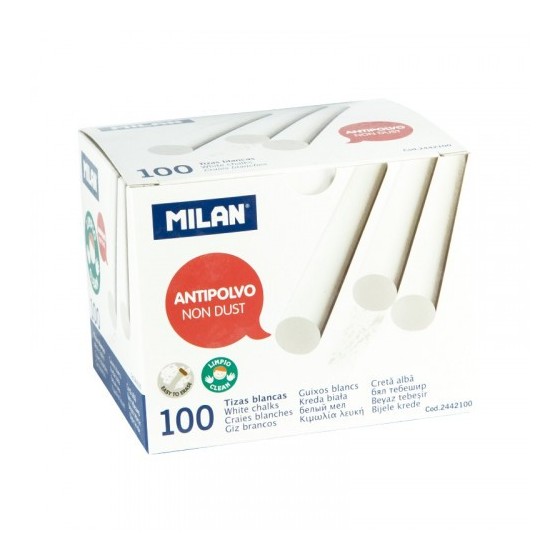 CAJA 100 TIZAS DE CARBONATO DE CALCIO BLANCAS REDONDAS -ANTIPOLVO MILAN 2442100