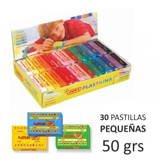 CAJA EXPOSITORA 30 PASTILLAS PLASTILINA 50 G COLORES SURTIDOS (2 UDS X 15 COLORES) JOVI 70S