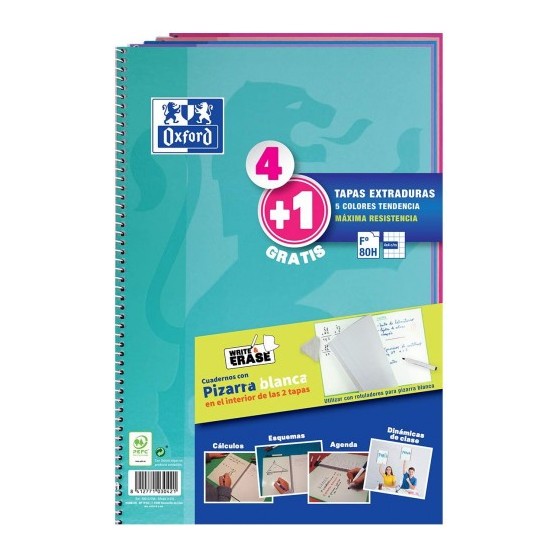 PACK 4+1 CUADERNO ESPIRAL CLASSIC W-E FOLIO 80 HOJAS 4X4 CON MARGEN COLORES TENDENCIA OXFORD 400122766