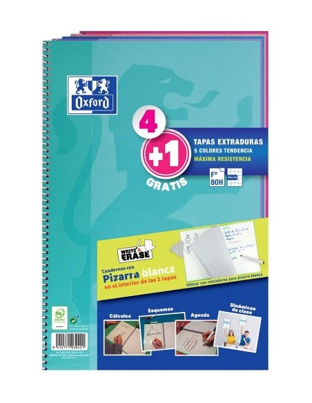 PACK 4+1 CUADERNO ESPIRAL CLASSIC W-E FOLIO 80 HOJAS 4X4 CON MARGEN COLORES TENDENCIA OXFORD 400122766