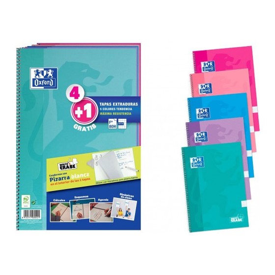 PACK 4+1 CUADERNO ESPIRAL CLASSIC W-E FOLIO 80 HOJAS 4X4 CON MARGEN COLORES TENDENCIA OXFORD 400122766