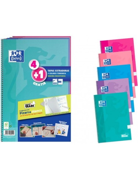 PACK 4+1 CUADERNO ESPIRAL CLASSIC W-E FOLIO 80 HOJAS 4X4 CON MARGEN COLORES TENDENCIA OXFORD 400122766