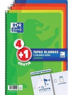 PACK 4+1 CUADERNO ESPIRAL TAPA BLANDA FOLIO 80 HOJAS 4X4 CON MARGEN COLORES VIVOS OXFORD 400027271