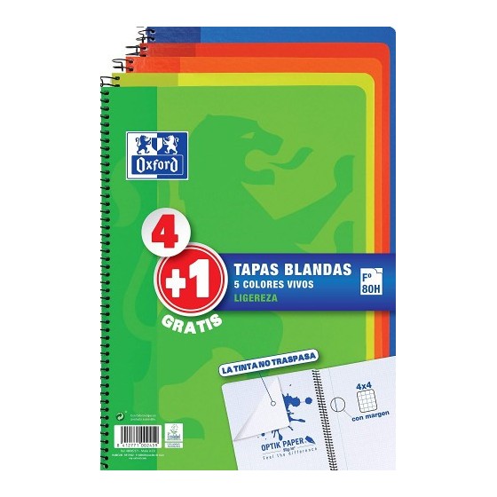 PACK 4+1 CUADERNO ESPIRAL TAPA BLANDA FOLIO 80 HOJAS 4X4 CON MARGEN COLORES VIVOS OXFORD 400027271