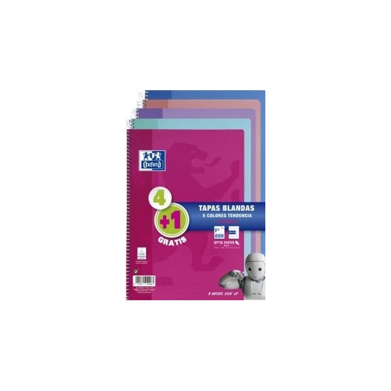 PACK 4+1 CUADERNO ESPIRAL TAPA BLANDA FOLIO 80 HOJAS 4X4 CON MARGEN COLORES TENDENCIA OXFORD 400072719