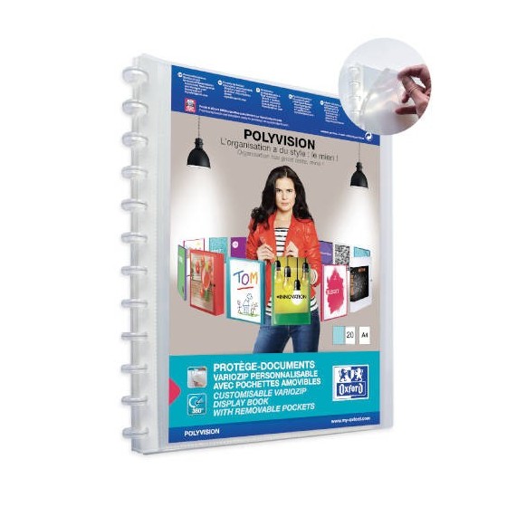 CARPETA DE FUNDAS INTERCAMBIABLES PERSONALIZABLES POLYVISION A4+ 20 FUNDAS COLOR TRANSPARENTE OXFORD 100205600 (x10 unidades)