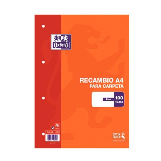 RECAMBIO TAPA BLANDA A4 100 HOJAS LISO COLOR NARANJA OXFORD 100430209